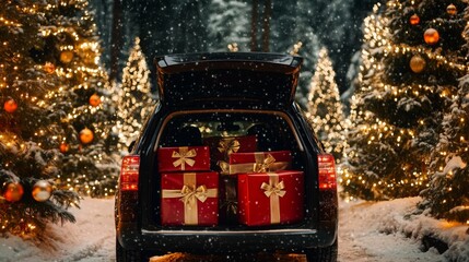 Poster - In a winter wonderland, a car trunk is open to reveal several beautifully wrapped presents. Surrounding trees are adorned with twinkling lights and ornaments, enhancing the festive atmosphere.