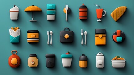 Comprehensive set of icons representing catering and dining elements including cutlery food beverages and waiter designed for use in hospitality industry applications such as restaurants cafes