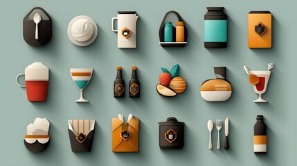 Poster - Comprehensive set of catering and dining icons including cutlery such as fork knife and spoon various food and beverage items and a waiter figure all in format for use in hospitality restaurant