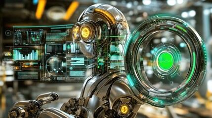 Aufkleber - Futuristic Robot with Digital Interfaces and Glowing Eyes