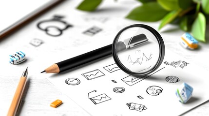 Aufkleber - Checklist and analysis icons in a handwritten evaluation set on a clean white background  Thin line of inspection symbols technical graphics for data analysis research and planning