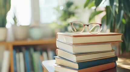 Aufkleber - A Stack of Books with Glasses on Top in a Sunlit Room
