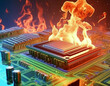 © BlackMac - Close up of a CPU chipset on a computer motherboard, overheating and igniting into flames.