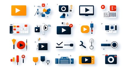 Poster - Elegant icons showcasing video controls like start stop and pause buttons combined with icons for live streaming media player and film all in a clean modern aesthetic