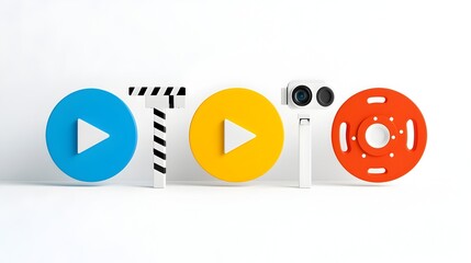 Poster - Flat icon set featuring various media buttons like play pause and stop as well as video production elements such as film reel designed for digital platforms and multimedia applications