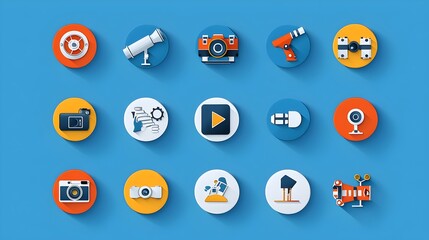 Poster - Flat icon set featuring a comprehensive collection of media buttons such as play pause and stop along with movie elements like film reel