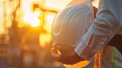 engineer holding white safety hat under sunlight blur construction background