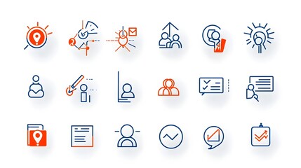 Poster - A set of thin line minimalist outline icons depicting various aspects of people groups and community dynamics such as audience interaction