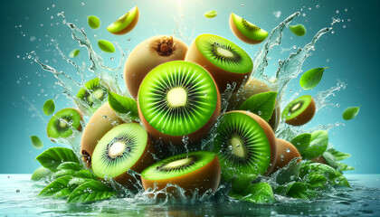 Fresh Kiwi Splash With Vibrant Green Leaves. Generated AI