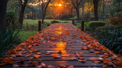 Poster - A wooden walkway covered in colorful autumn leaves leads through a peaceful garden as the sun sets, casting a warm glow over the scene.