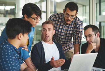 Leinwandbilder - Business, people and meeting with laptop in office for project management, discussion and teamwork. Professional, collaboration and technology for planning, brainstorming and diversity in boardroom