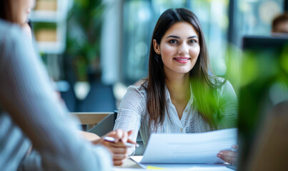 Businesswoman discussing documents in a meeting..