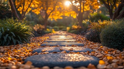 Poster - A serene garden pathway showcases smooth stones bordered by vibrant autumn leaves. The warm sunlight shines through the trees, creating a peaceful atmosphere at dusk.