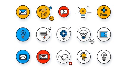 Poster - Minimalist icon set depicting a comprehensive collection of digital marketing tools including advertising social media influence video campaigns and public communication