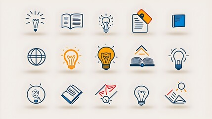 Aufkleber - A sleek and modern icon set featuring minimalist outline symbols associated with knowledge education and intellectual abilities such as a book brain light bulb and globe