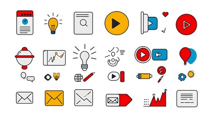 Poster - Minimalist icon set depicting essential digital marketing elements like advertising target goals social media influence online video content and more designed in a modern thin line style