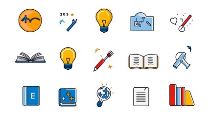 Thin line icons representing educational intellectual and creative themes including a book light bulb and globe with sleek and modern outlines for concepts of learning research and innovation