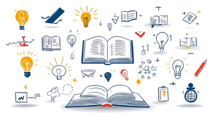Poster - Set of thin line icons illustrating various knowledge related concepts such as books globes ideas and cleverness  Designed with a simple modern aesthetic to represent the themes of learning study