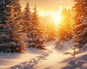 Winter forest path with snow, golden sunlight filtering through pine trees.