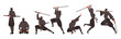 © Kudryavtsev - Ninja man warrior with sword in attack action vector set, Japanese fighter, ninjutsu martial art training practice poses