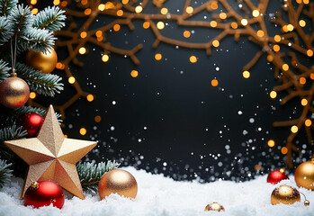 Christmas gold decoration on a black textured background with a copy space top view