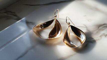 A top-down view of metallic dangle earrings placed on a marble surface, with soft reflections and shadows enhancing the elegance of the design.