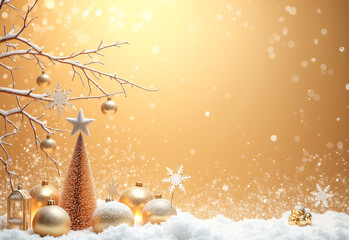 Christmas gold decoration on a gold textured background with a copy space top view