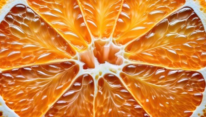 Poster - High Resolution Macro Shot of a Glazed, Juicy Orange Segment with Vivid Citrus Flesh and Intricate Texture, Highlighting Natural Moisture and Freshness. Ideal for Food, Wellness, and Nature Visuals