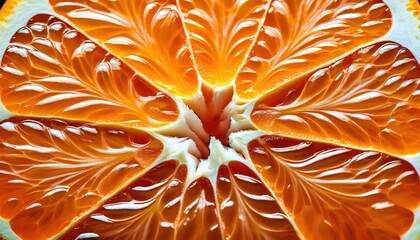 Poster - High Resolution Macro Shot of a Glazed, Juicy Orange Segment with Vivid Citrus Flesh and Intricate Texture, Highlighting Natural Moisture and Freshness. Ideal for Food, Wellness, and Nature Visuals