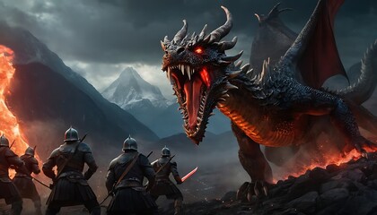 A large fierce dragon with glowing red eyes attacking a group of armed warriors