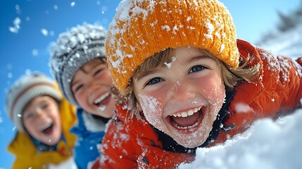 A group of energetic children happily sliding and tumbling down a snowy hill enjoying the winter outdoor adventure and recreation