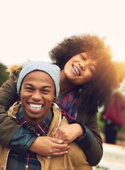 Aufkleber - Smile, couple portrait and piggyback in park, bonding and fun on holiday with winter date. Happy, african man and woman with vacation for love, care and freedom in nature, forest or woods travel