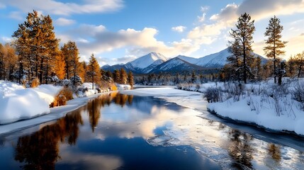 Wall Mural - A breathtaking winter landscape featuring a frozen river winding through a serene forest surrounded by snow covered mountains and towering evergreen trees  The scene exudes a peaceful