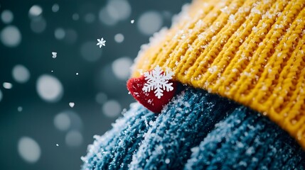 Aufkleber - Close up shot of delicate intricate snowflakes gently drifting and landing on a soft cozy wool scarf and matching mittens during the first snowfall of the season