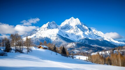 Wall Mural - Majestic snow capped mountains rising under a clear winter sky with untouched snow covering the peaks in a serene and picturesque landscape