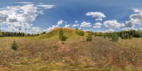 Canvas Print - full spherical hdri 360 panorama near mountain in pinery in sunny spring day in equirectangular proj