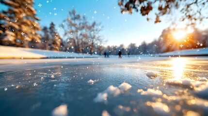 Poster - Scenic view of a frozen lake with ice skaters gliding across the glittering surface surrounded by a captivating winter landscape with drifting snowflakes gently falling from the sky