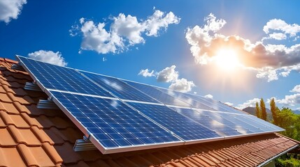 Poster - Solar panels installed on the roof of a contemporary house harnessing the power of the sun to generate clean renewable energy for the building