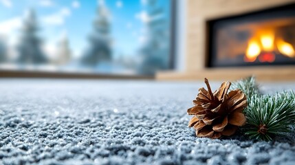Aufkleber - Detailed frost patterns elegantly decorating a window framing a warm glowing fireplace in a cozy peaceful indoor setting