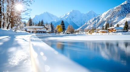 Wall Mural - Breathtaking winter landscape featuring a frozen lake perfect for ice skating surrounded by a serene forest of snow covered trees and majestic snow capped mountain peaks in the distance