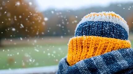 Poster - Frosty morning scene with warm wool scarves mittens and winter coats layered for comfort and enjoying the outdoor scenery and nature