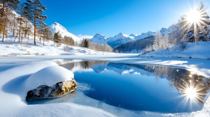 Poster - Captivating winter landscape featuring a frozen lake with snow covered trees reflected in the icy water creating a serene and peaceful outdoor scene