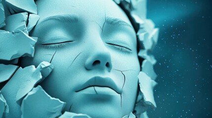 a serene face emerges from cracked stone, symbolizing rebirth and transformation, ai