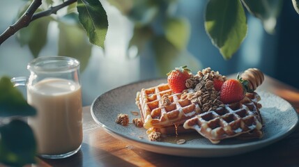 Wall Mural - A plate of waffles topped with strawberries, granola, and honey, next to a glass of milk.