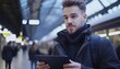 © Wimon - A business traveler checking his schedule and messages on a tablet at a modern train station.