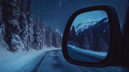 Poster - A winding road covered in snow is illuminated by moonlight, framed by tall evergreens. In the car's side mirror, a majestic mountain looms, surrounded by a starry night sky.