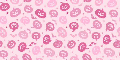 Poster - Pink Halloween pumpkin vector pattern, seamless repeating vector background, cute festive wallpaper or banner design