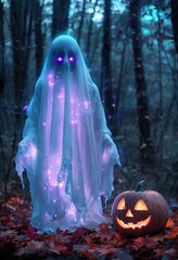 Funny Halloween ghost and Halloween pumpkins with space for text over orange background. Halloween concept background