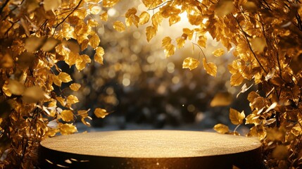 Aufkleber - Golden leaves cascade around a circular pedestal, illuminated by warm, soft sunlight during the golden hour. The tranquil setting evokes feelings of serenity and natural beauty amidst the foliage.