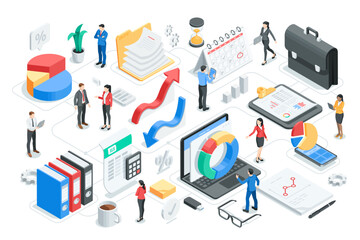 Wall Mural - isometric vector business people analyzing charts, in color on a white background, statistics data research and professional team work